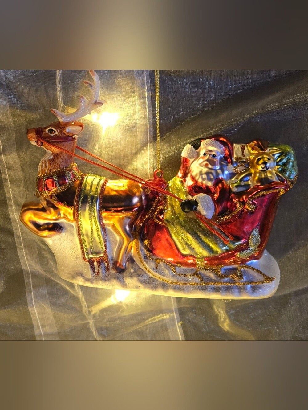 Glass Santa in Red Sleigh with Reindeer Holiday Ornament